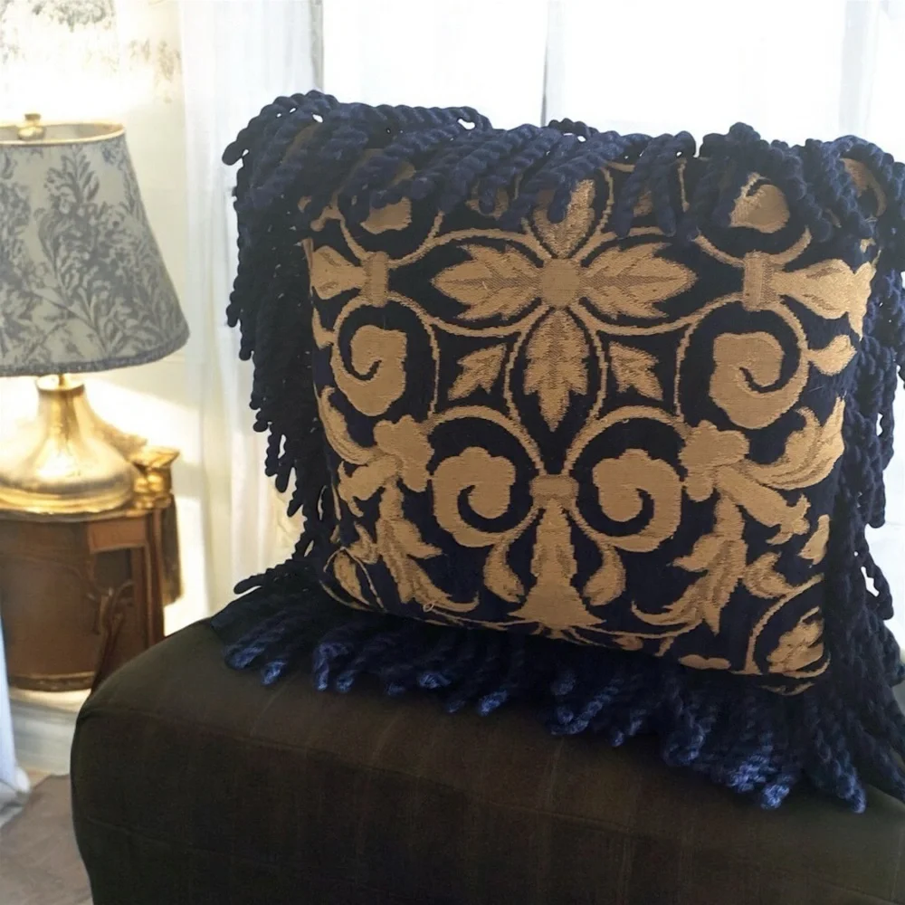 Borgata Navy Gold Decorative Fringe Baroque Damask Tapestry 12x12 Throw Pillow